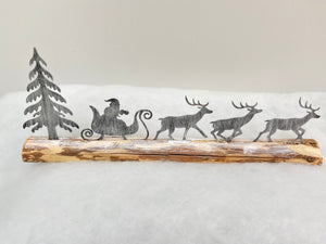 Handmade Christmas silver sleigh and reindeers with Christmas tree on a wood log 46 x 5 x 17cm