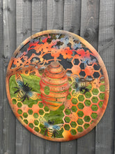 Load image into Gallery viewer, Handmade 60cm Bee and bee hive Wall Plaque with acrylic mirror, colourful Metal, Garden/indoor Wall Art powder coated steel - Marissa&#39;s Garden &amp; Gift
