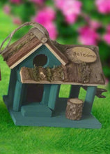 Load image into Gallery viewer, Handmade wooden coloured birdhouse hut with circular window and doorway measuring 15x11x14cm - Marissa&#39;s Garden &amp; Gift
