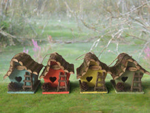 Load image into Gallery viewer, Handmade wooden coloured birdhouse hut with adorable heart shaped bird hole and ladder. The measurements are 17 x 11.5 x 17cm - Marissa&#39;s Garden &amp; Gift
