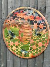 Load image into Gallery viewer, Handmade 60cm Bee and bee hive Wall Plaque with acrylic mirror, colourful Metal, Garden/indoor Wall Art powder coated steel - Marissa&#39;s Garden &amp; Gift
