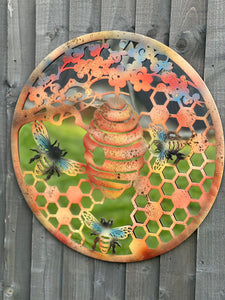 Handmade 60cm Bee and bee hive Wall Plaque with acrylic mirror, colourful Metal, Garden/indoor Wall Art powder coated steel