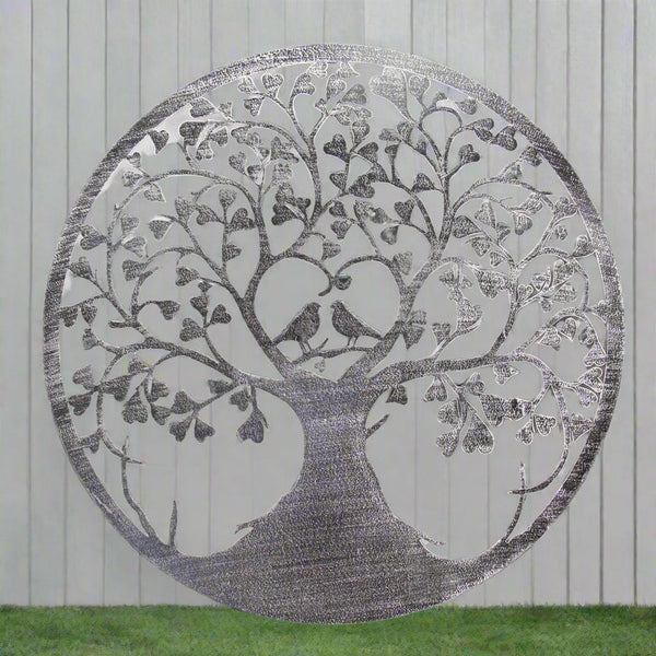 Handmade silver tree of life wall art with heart in the middle with two lovebirds indoors/outdoors 60cm