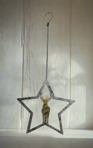 Handmade powder coated hanging silver star with reindeer measuring 27 x 25 x 1cm - Marissa's Garden & Gift