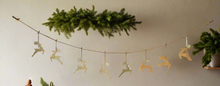 Load image into Gallery viewer, Handmade powder coated hanging gold reindeer garland measuring 150 x 22x 1cm
