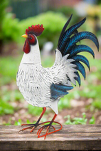 Load image into Gallery viewer, Garden metal cockerel/ hen white and blue named Barry measuring 16 x 22 x 45cm - Marissa&#39;s Garden &amp; Gift
