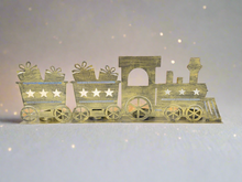 Charger l&#39;image dans la galerie, Handmade Christmas gold  three piece train set measuring 50 x 8 x 16cmwith t-light holders - Marissa&#39;s Garden &amp; Gift
