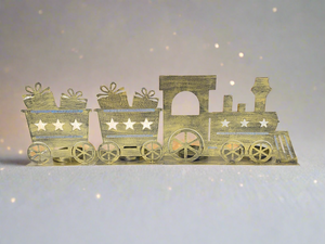 Handmade Christmas gold  three piece train set measuring 50 x 8 x 16cmwith t-light holders - Marissa's Garden & Gift