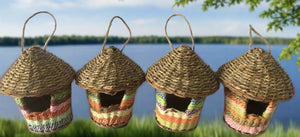 Handmade hut weave rattan birdhouses with roof measuring 15 x 18cm - Marissa's Garden & Gift