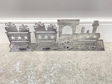 Load image into Gallery viewer, Handmade Christmas silver three piece train set measuring 50 x 8 x 16cm
