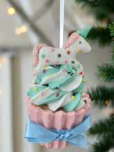 Load image into Gallery viewer, Resin unicorn cupcake Christmas bauble tree hanging decoration/christmas/seasonal/ resin hanging item
