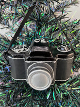 Load image into Gallery viewer, Glass Christmas camera/ photographers camera Christmas bauble tree hanging decoration/christmas/seasonal/ glass hanging item
