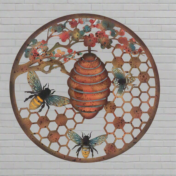 Handmade 60cm Bee and bee hive Wall Plaque, colourful Metal, Garden/indoor Wall Art powder coated steel