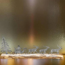 Indlæs billede til gallerivisning Handmade Christmas silver sleigh and reindeers with Christmas tree on a wood log 46 x 5 x 17cm
