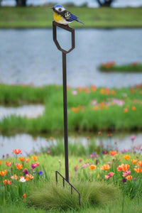 Handmade powder coated Blue tit on a fork sculpture 105cm tall - Marissa's Garden & Gift