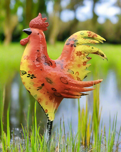 Percy the metal cockerel in vibrant orange and yellow Art Deco design measuring 23 x 10 x 36.5cm for garden/outdoors