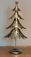 Indlæs billede til gallerivisning Handmade Christmas metal tree table decoration green with  gold brushed effect 19 x 11 x 41cm
