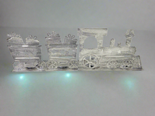 Load image into Gallery viewer, Handmade Christmas silver three piece train set measuring 50 x 8 x 16cm
