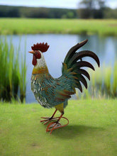 Load image into Gallery viewer, Garden metal cockerel/ hen blue, white and yellow named Noah measuring 16 x 22 x 45cm
