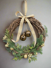 Load image into Gallery viewer, Handmade hanging wreath with bells/ Christmas seasonal decor 30 x 30 x 18cm
