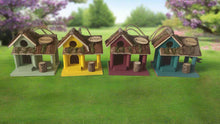 Load image into Gallery viewer, Handmade wooden coloured birdhouse hut with circular window and doorway measuring 15x11x14cm - Marissa&#39;s Garden &amp; Gift
