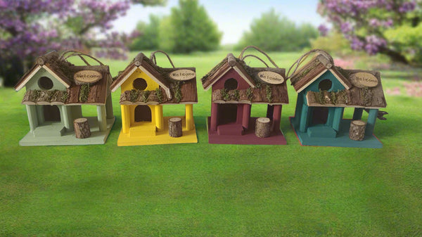 Handmade wooden coloured birdhouse hut with circular window and doorway measuring 15x11x14cm - Marissa's Garden & Gift