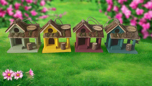 Handmade wooden coloured birdhouse hut with circular window and doorway measuring 15x11x14cm - Marissa's Garden & Gift