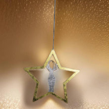 Load image into Gallery viewer, Handmade powder coated hanging gold star with reindeer measuring 27 x 25 x 1cm
