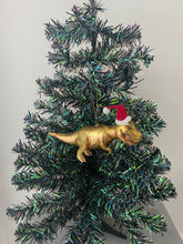 Load image into Gallery viewer, Glass Christmas dinosaur with hat Christmas bauble tree hanging decoration/christmas/seasonal/ glass hanging item
