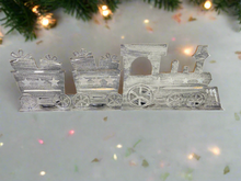 Load image into Gallery viewer, Handmade Christmas silver three piece train set measuring 50 x 8 x 16cm
