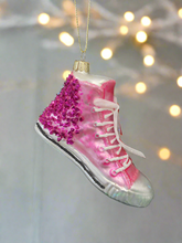 Load image into Gallery viewer, Glass Christmas pink glitter trainer shoe Christmas bauble tree hanging decoration/christmas/seasonal/ glass hanging item
