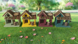 Handmade wooden coloured birdhouse hut with circular window and doorway measuring 15x11x14cm - Marissa's Garden & Gift