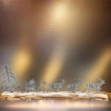 Load image into Gallery viewer, Handmade Christmas silver sleigh and reindeers with Christmas tree on a wood log 46 x 5 x 17cm
