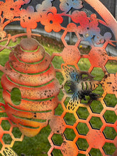 Load image into Gallery viewer, Handmade 60cm Bee and bee hive Wall Plaque with acrylic mirror, colourful Metal, Garden/indoor Wall Art powder coated steel - Marissa&#39;s Garden &amp; Gift
