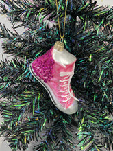 Load image into Gallery viewer, Glass Christmas pink glitter trainer shoe Christmas bauble tree hanging decoration/christmas/seasonal/ glass hanging item
