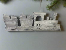 Load image into Gallery viewer, Handmade Christmas silver three piece train set measuring 50 x 8 x 16cm
