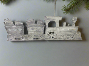 Handmade Christmas silver three piece train set measuring 50 x 8 x 16cm - Marissa's Garden & Gift