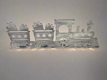 Load image into Gallery viewer, Handmade Christmas silver three piece train set measuring 50 x 8 x 16cm
