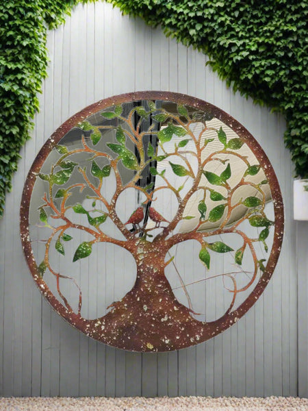 Rusty tree of life with heart and lovebirds wall art peeling effect 60cm acrylic mirror suitable for indoors/outdoors anniversary/birthday gift