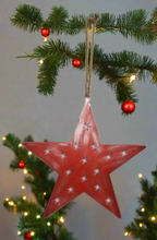 Laden Sie das Bild in den Galerie-Viewer, Handmade powder coated hanging red star measuring 45 x 45 x 1cm
