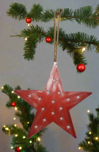 Handmade powder coated hanging red star measuring 45 x 45 x 1cm