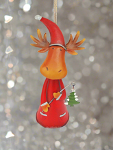 Load image into Gallery viewer, Handmade nodding reindeer with Christmas tree measuring 15 x 10 x 25cm
