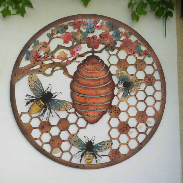 Handmade 60cm Bee and bee hive Wall Plaque, colourful Metal, Garden/indoor Wall Art powder coated steel