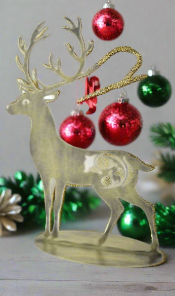 Handmade gold and silver metal powder coated reindeers on stand table decoration measuring 41cm- quantity:2