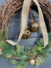 Load image into Gallery viewer, Handmade hanging wreath with bells/ Christmas seasonal decor 30 x 30 x 18cm
