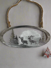 Load image into Gallery viewer, Handmade reindeer and Christmas tree silver wall art for indoors/outdoors oval wall art 38 x 1 x 18cm
