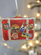 Load image into Gallery viewer, Glass Christmas travellers suitcase bauble tree hanging decoration/christmas/seasonal/ glass hanging item
