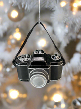 Load image into Gallery viewer, Glass Christmas camera/ photographers camera Christmas bauble tree hanging decoration/christmas/seasonal/ glass hanging item
