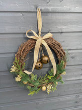 Load image into Gallery viewer, Handmade hanging wreath with bells/ Christmas seasonal decor 30 x 30 x 18cm
