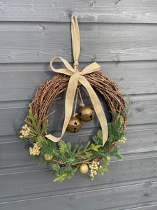 Handmade hanging wreath with bells/ Christmas seasonal decor 30 x 30 x 18cm